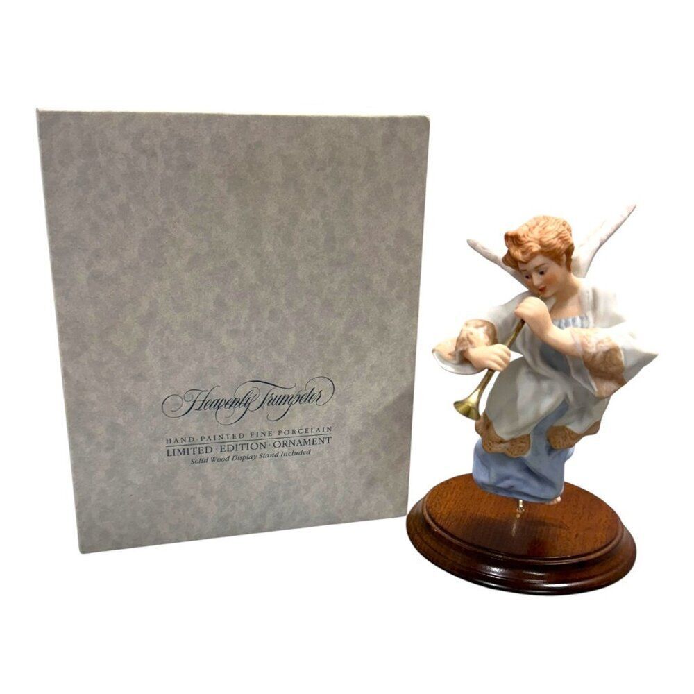 Heavenly Trumpeter Hand-Painted Porcelain Limited Ed Ornament Wood Display Stand